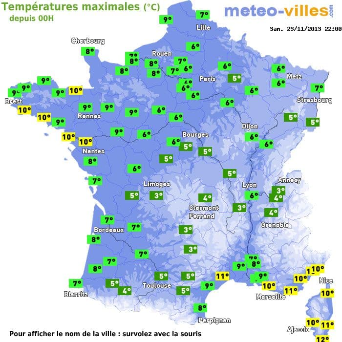 Températures maximales (°C) depuis 00h
