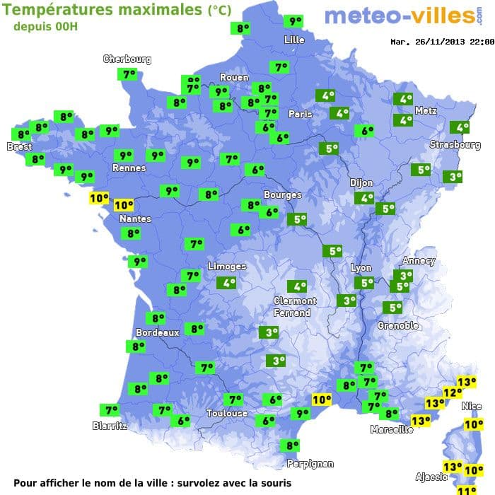 Températures maximales (°C) depuis 00h