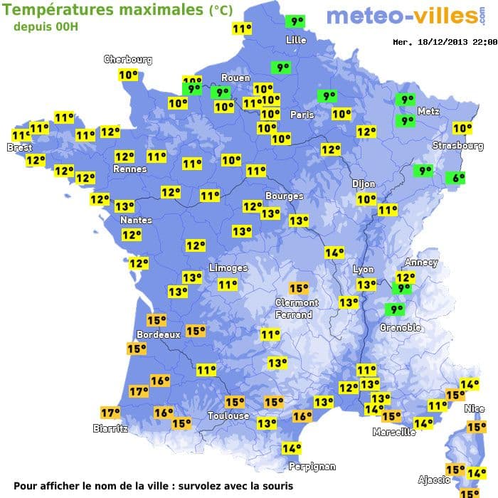 Températures maximales (°C) depuis 00h