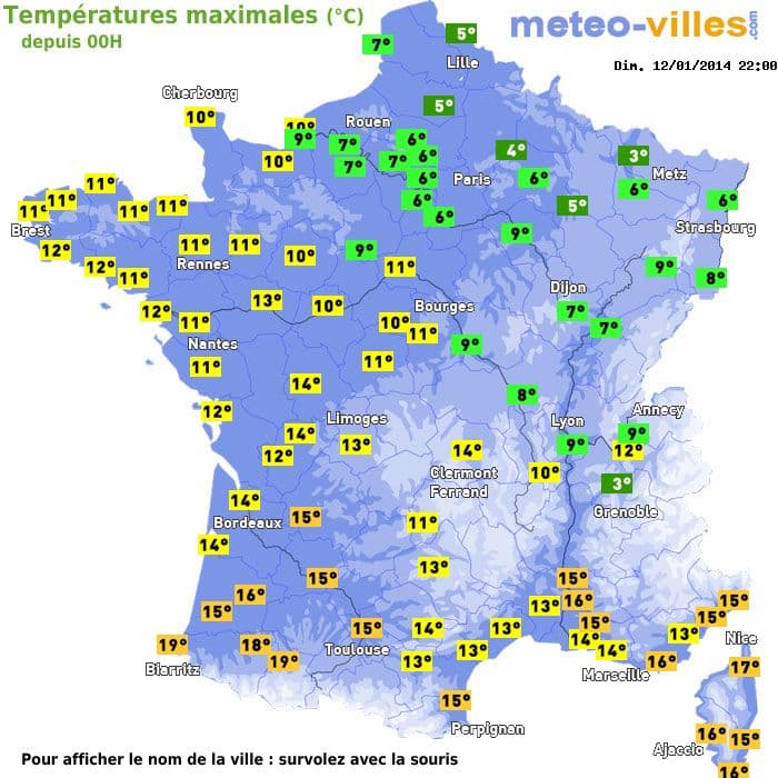 Températures maximales (°C) depuis 00h
