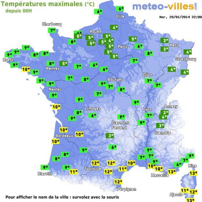 Températures maximales (°C) depuis 00h