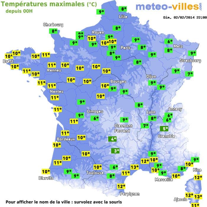 Températures maximales (°C) depuis 00h