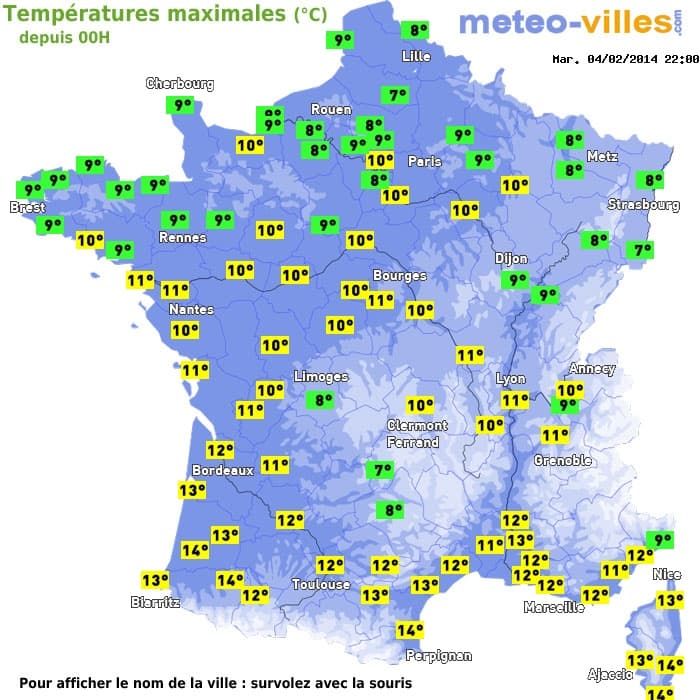 Températures maximales (°C) depuis 00h