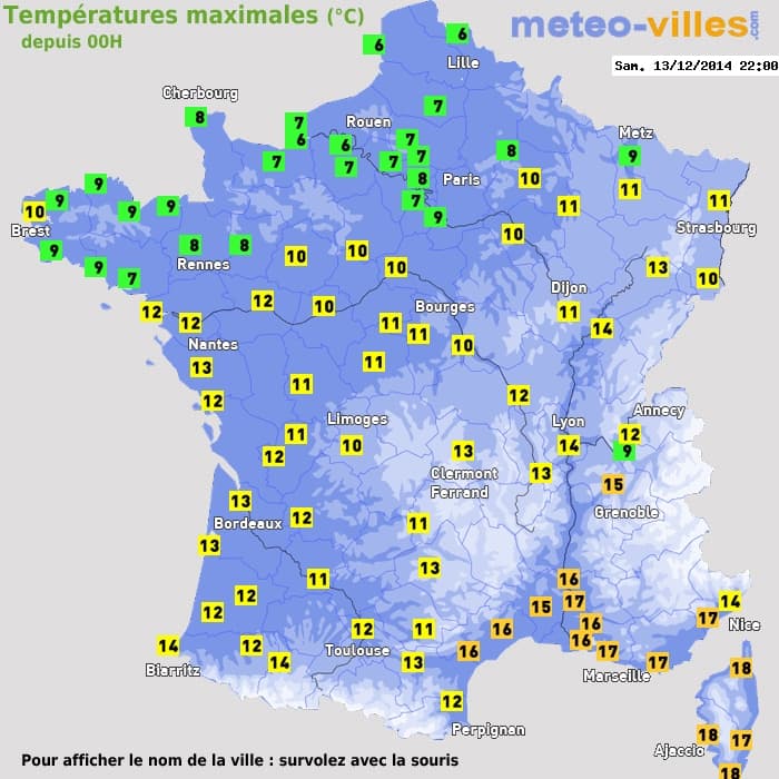 Températures maximales (°C) depuis 00h