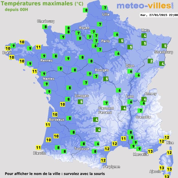 Températures maximales (°C) depuis 00h