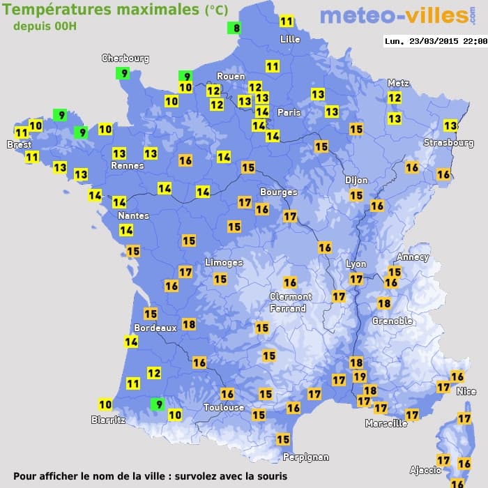 Températures maximales (°C) depuis 00h