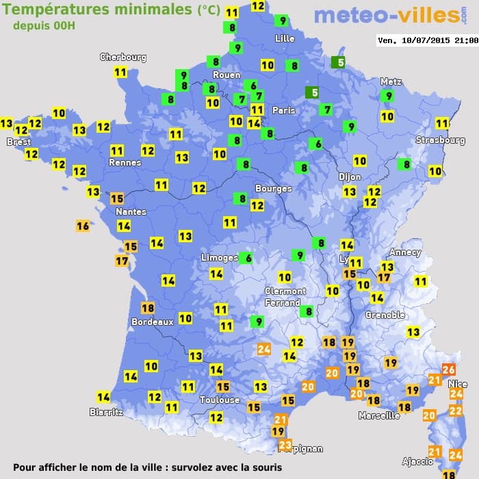 Températures minimales (°C) depuis 00h
