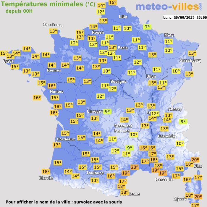 Températures minimales (°C) depuis 00h