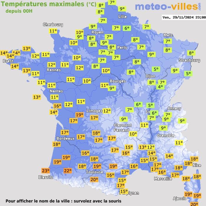 Températures maximales (°C) depuis 00h