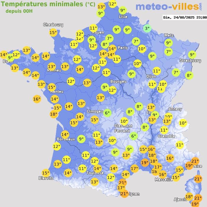 Températures minimales (°C) depuis 00h