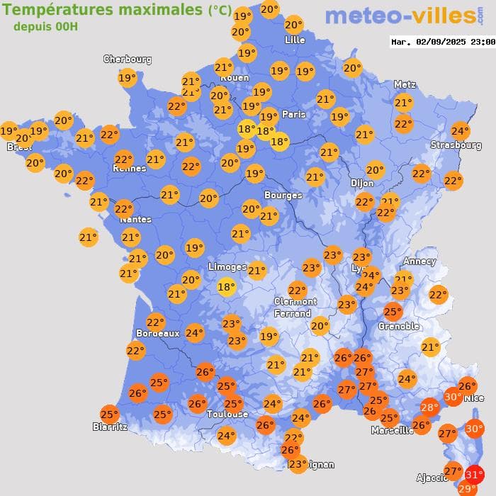 Températures maximales (°C) depuis 00h