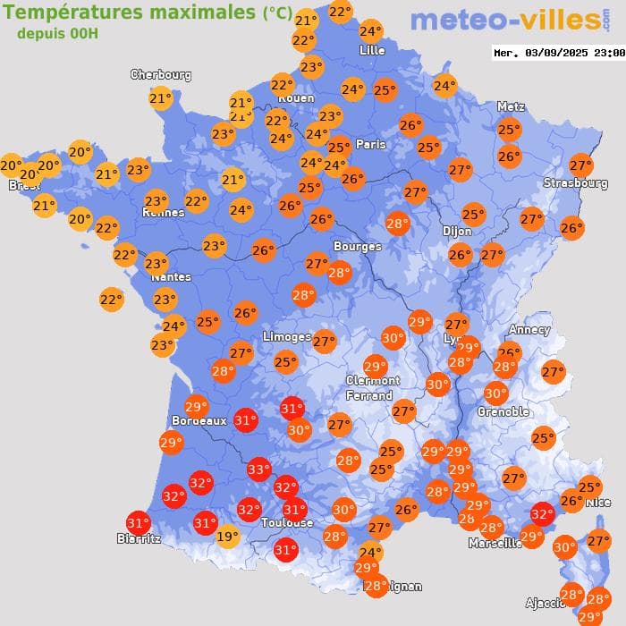 Températures maximales (°C) depuis 00h