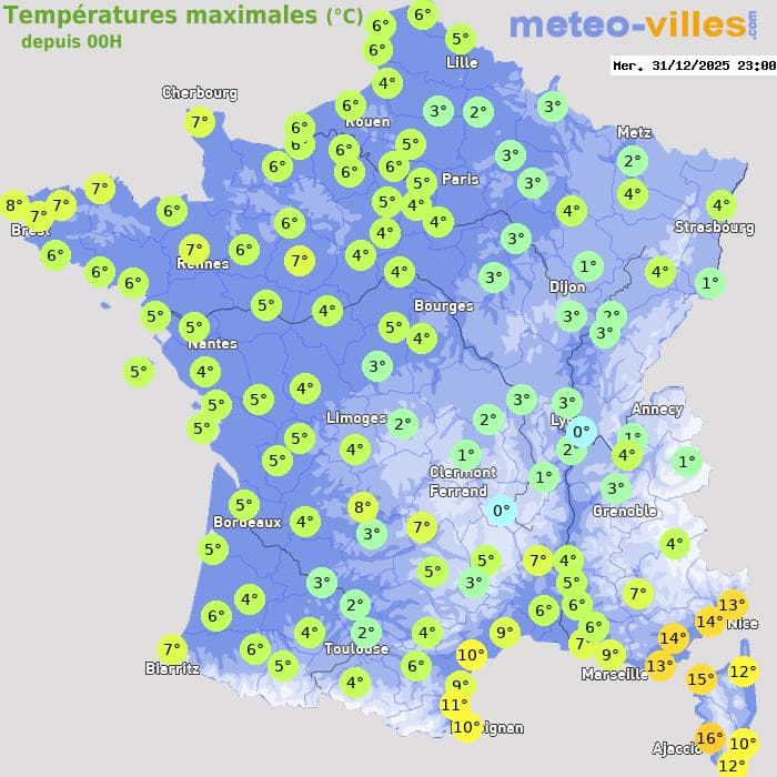 Températures maximales (°C) depuis 00h
