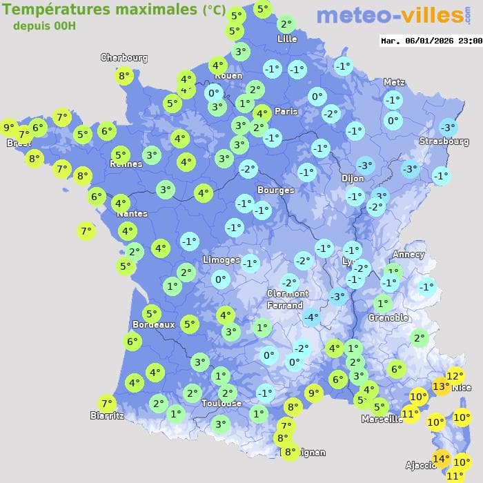 Températures maximales (°C) depuis 00h