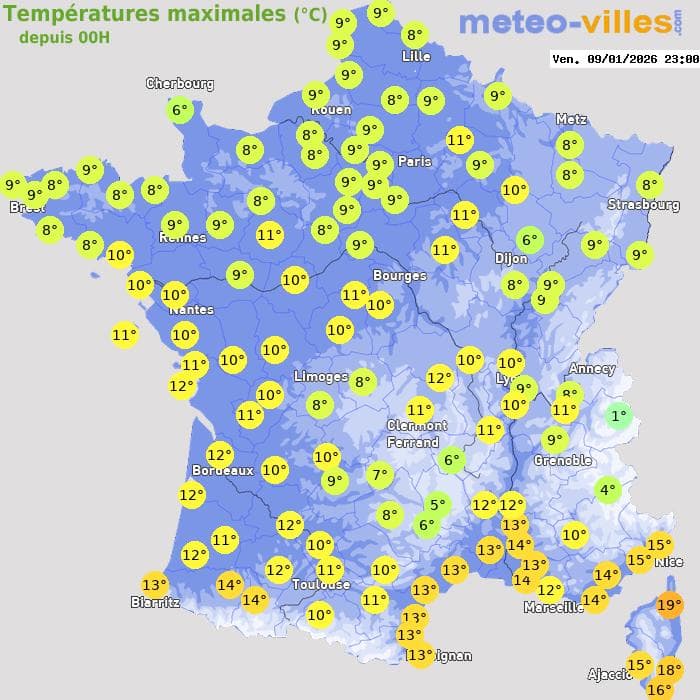 Températures maximales (°C) depuis 00h