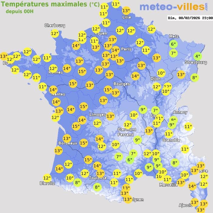 Températures maximales (°C) depuis 00h
