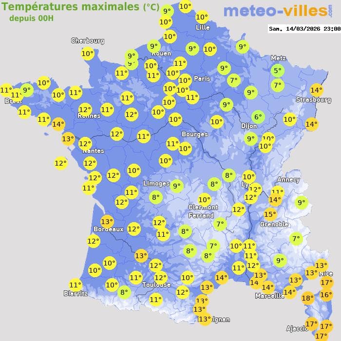 Températures maximales (°C) depuis 00h