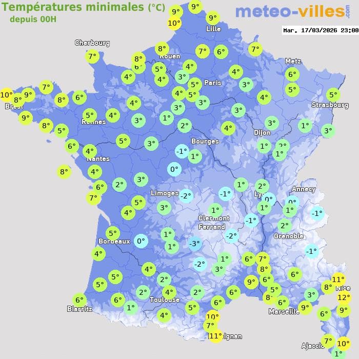 Températures minimales (°C) depuis 00h