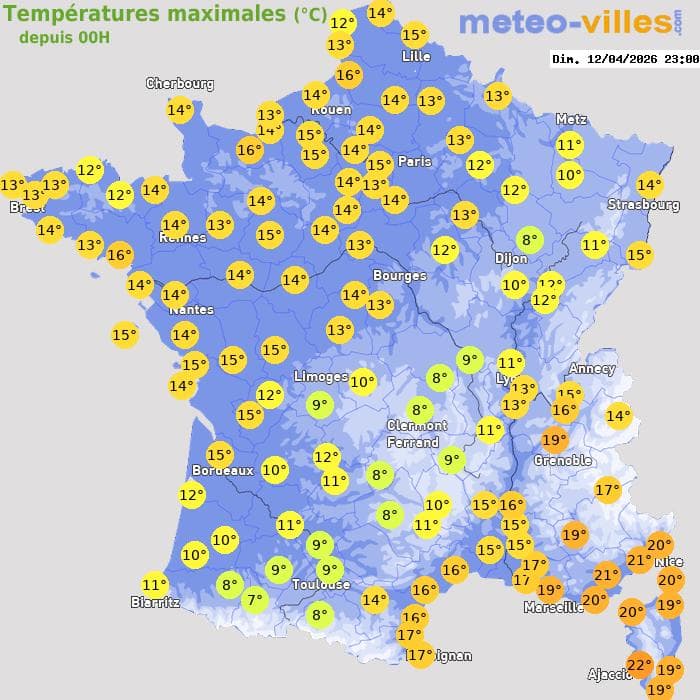 Températures maximales (°C) depuis 00h