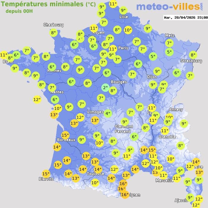 Températures minimales (°C) depuis 00h