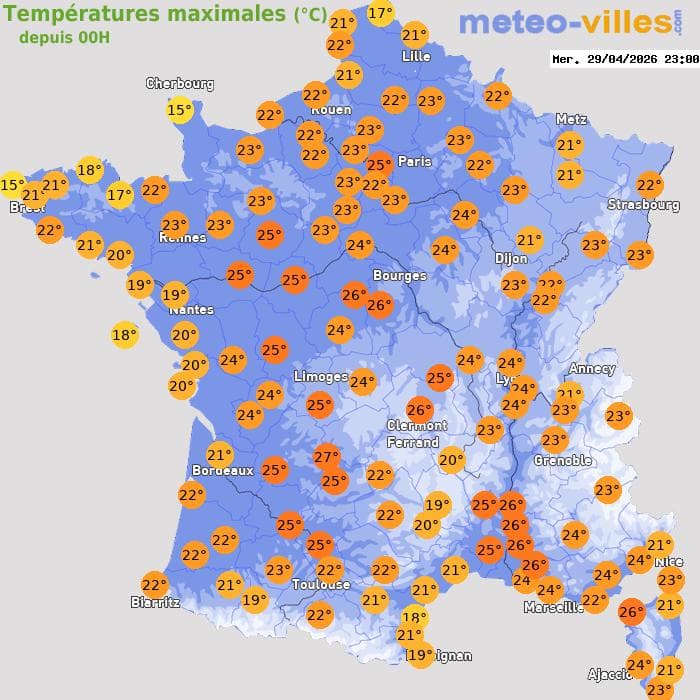 Températures maximales (°C) depuis 00h
