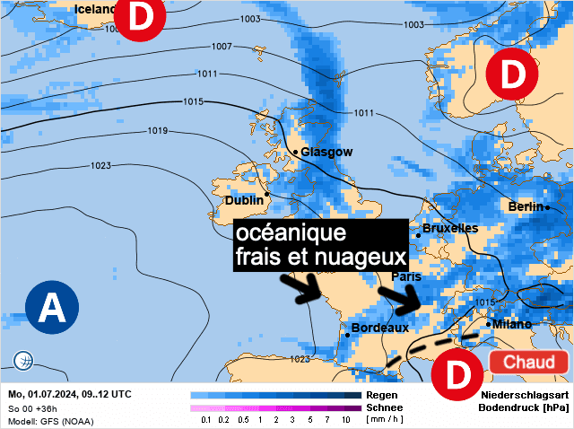 Carte de prévisions d'europe du Lundi 1 juillet 2024