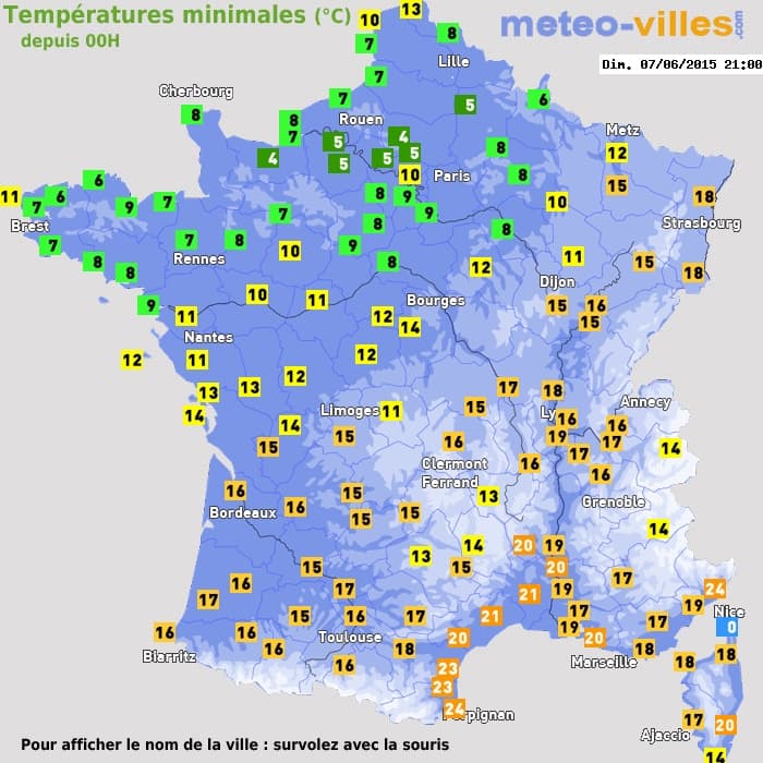 Températures minimales (°C) depuis 00h