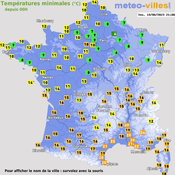 Températures minimales (°C) depuis 00h