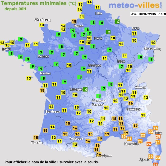 Températures minimales (°C) depuis 00h