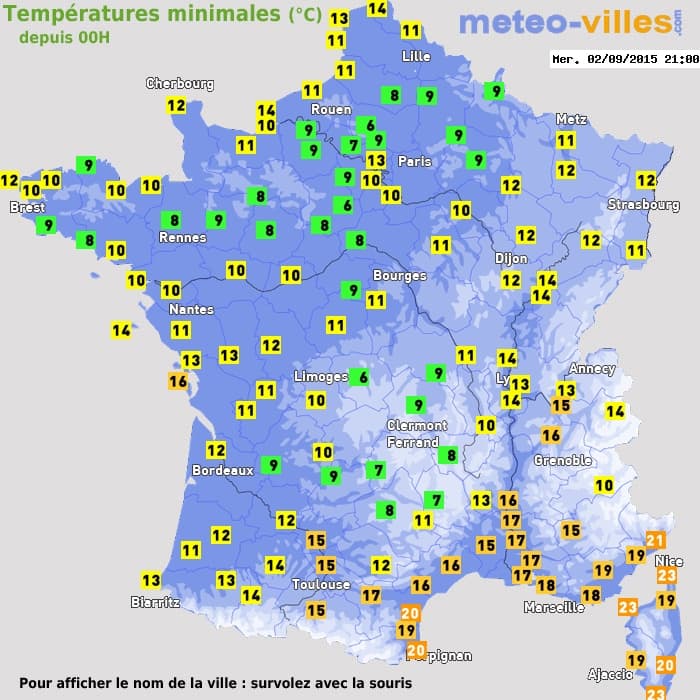 Températures minimales (°C) depuis 00h