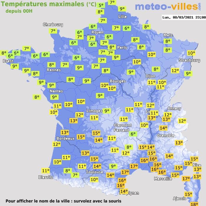 Températures maximales (°C) depuis 00h