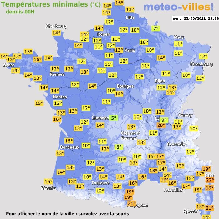 Températures minimales (°C) depuis 00h