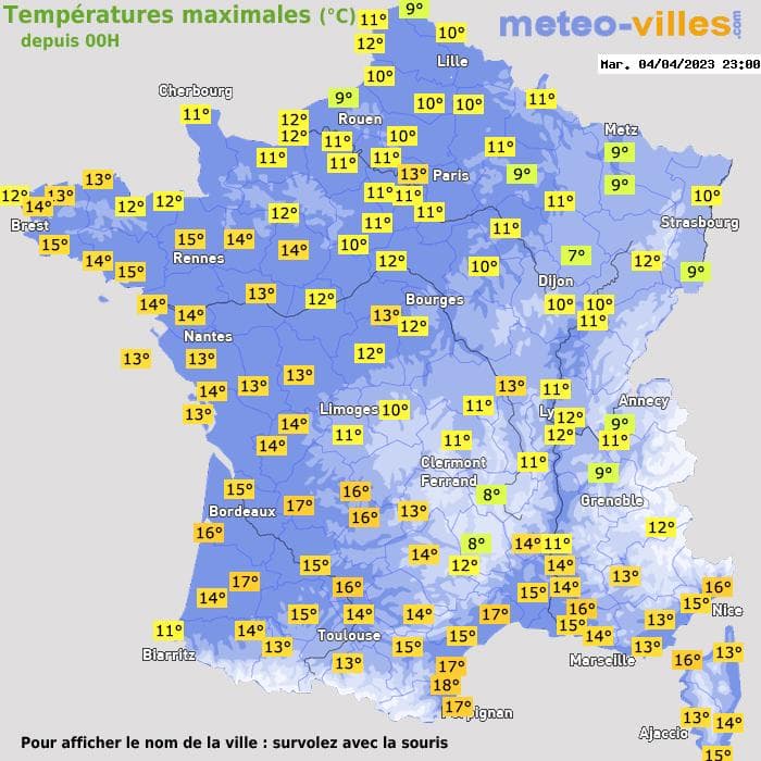 Températures maximales (°C) depuis 00h