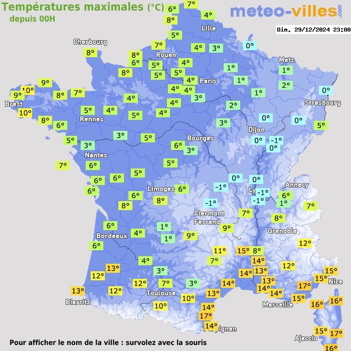 Températures maximales (°C) depuis 00h