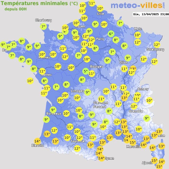 Températures minimales (°C) depuis 00h