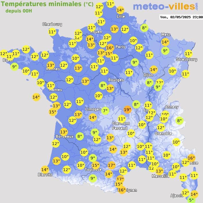 Températures minimales (°C) depuis 00h