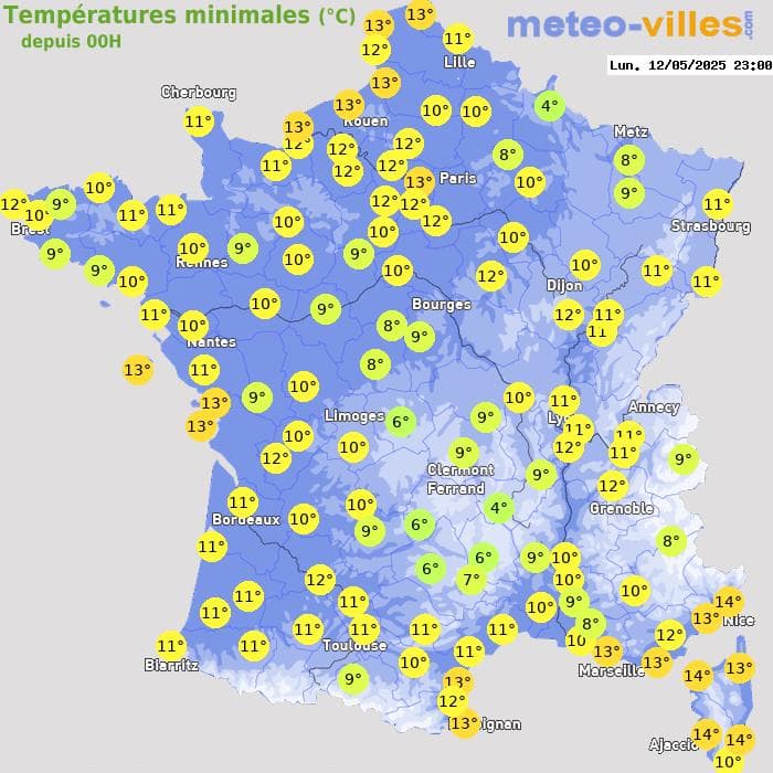 Températures minimales (°C) depuis 00h