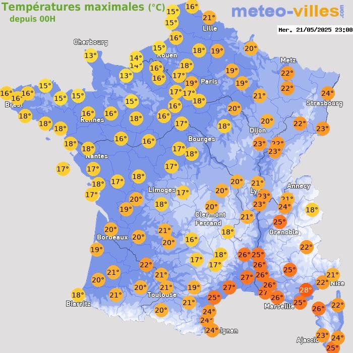 Températures maximales (°C) depuis 00h