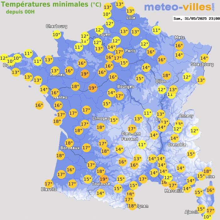 Températures minimales (°C) depuis 00h