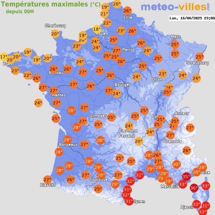 Températures maximales (°C) depuis 00h