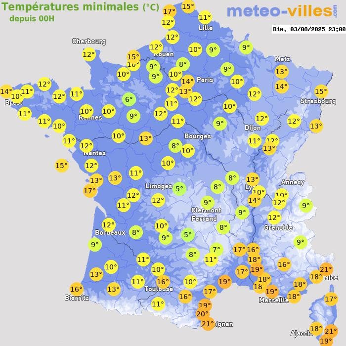 Températures minimales (°C) depuis 00h