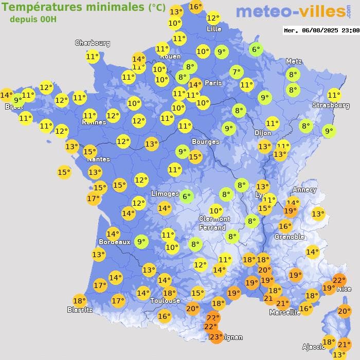 Températures minimales (°C) depuis 00h