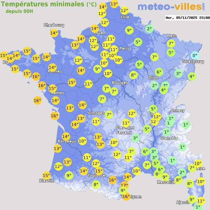 Températures minimales (°C) depuis 00h