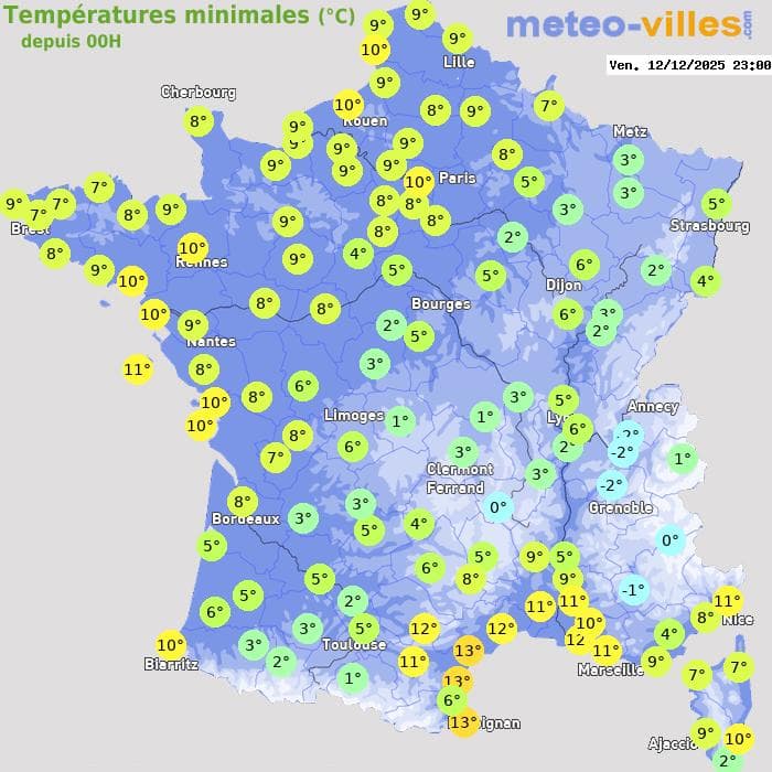 Températures minimales (°C) depuis 00h