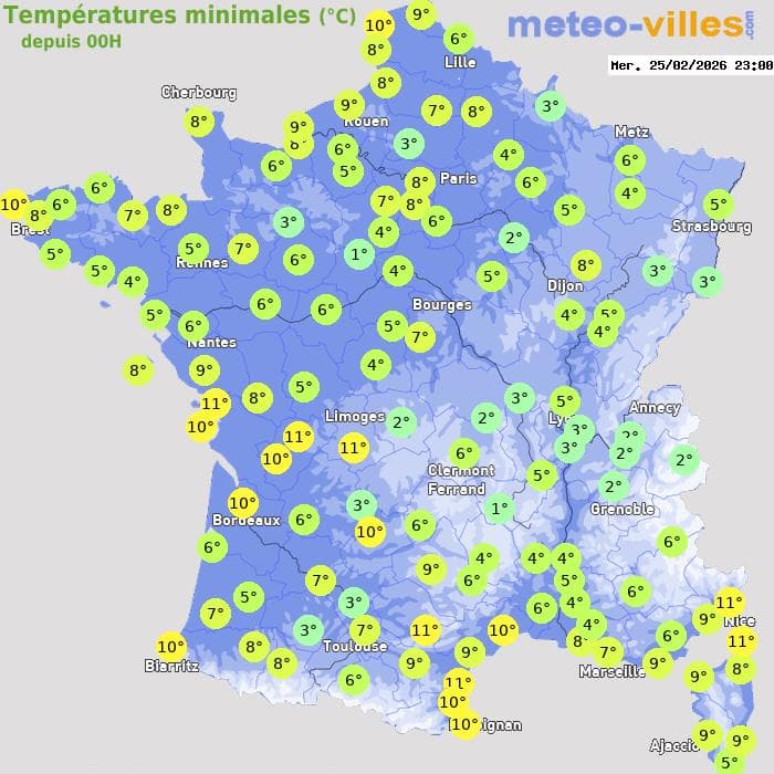 Températures minimales (°C) depuis 00h
