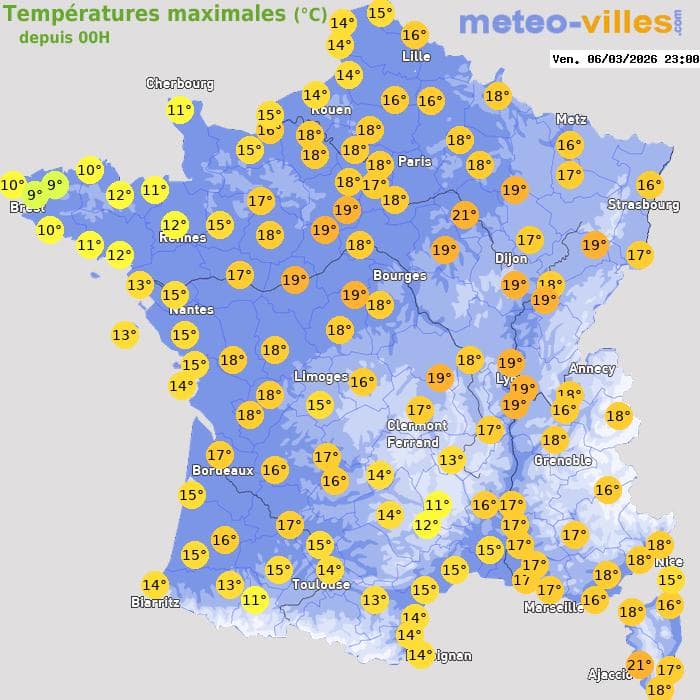 Températures maximales (°C) depuis 00h
