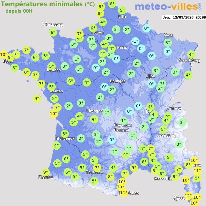 Températures minimales (°C) depuis 00h