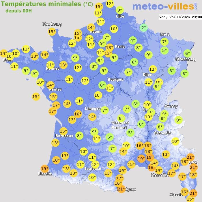 Températures minimales (°C) depuis 00h